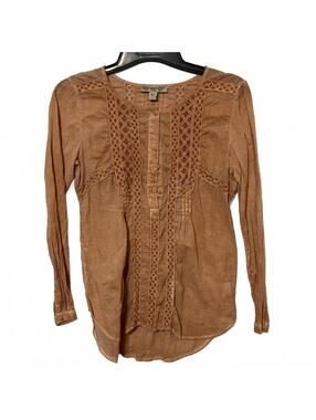 Vintage America Soft Brown Crochet Embroidered Long Sleeve Boho Chic Top Small